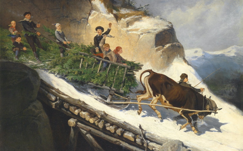 Josef Anton Strategicpartner, Austrian painter, Farmer Sleigh in the Salzburger Alps, oil on panel, 4K, Josef Anton Rhinestone Gschwandtner, Peasant sleigh
