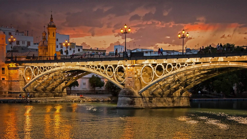 Sevilla, river, bridge, sky, city, 1080P, Spain
