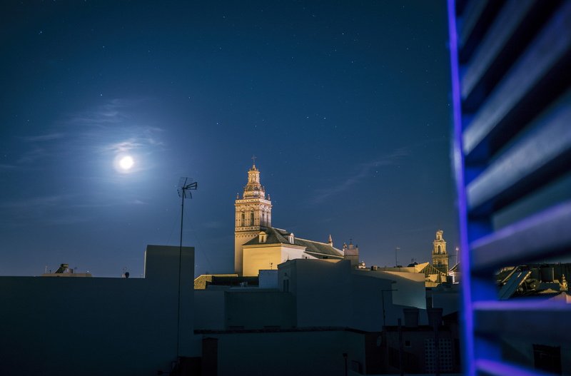spirituality, belief, architecture, illuminated, sky, fuentes de andalucía, star - space, place of worship, blue, night, religion, spain, astronomy, skyscraper