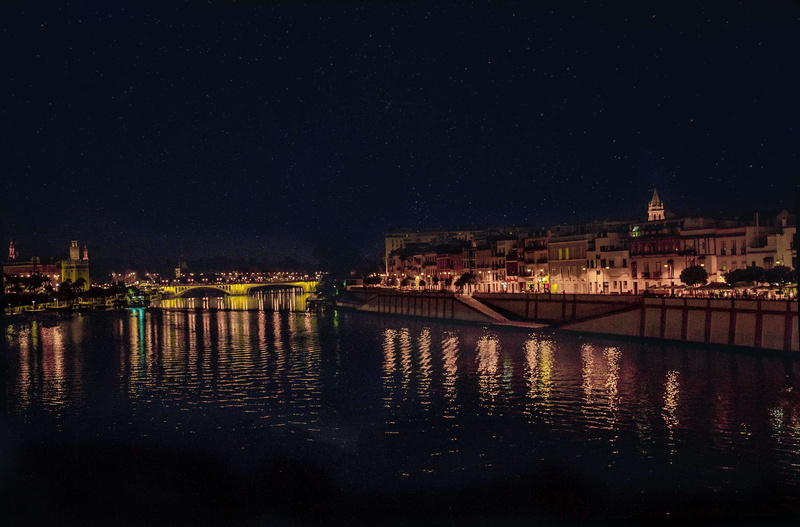 nature, 2K, sevilla, no people, illuminated, street, night, bridge, bridge - man made structure, building, sky, connection, yellow, cityscape, building exterior