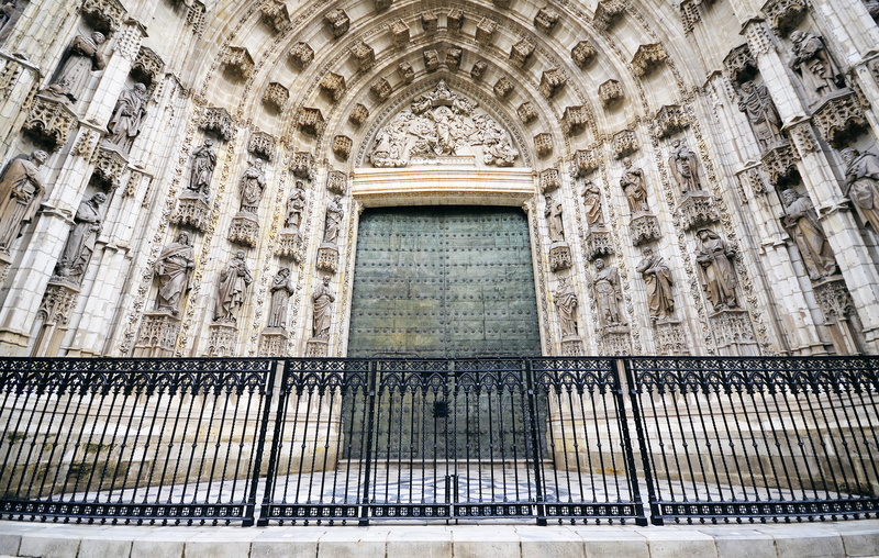 brown, outdoors, belief, low angle view, building, day, concrete, ceiling, door, arch, the past, spirituality, railings, gate, travel destinations, place of worship