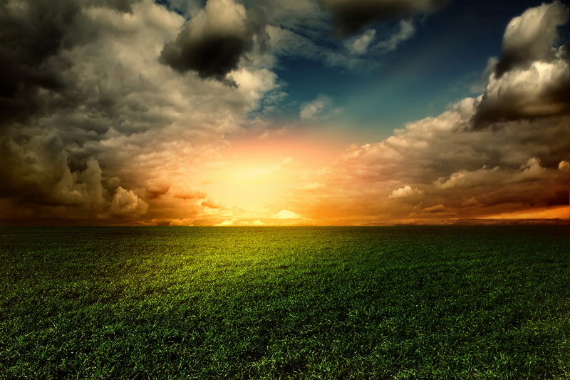 Landscape, 4K, Clouds, Green Grass, Golden Sky