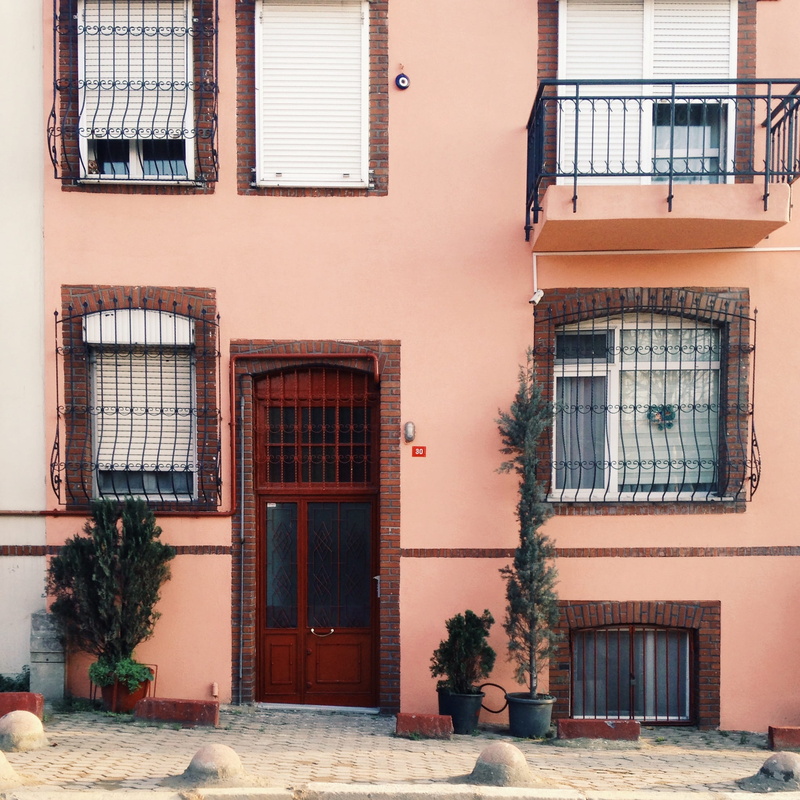 nature, residential district, red, pottery, window rail, 1080P, entrance, building exterior, city, brick, door, staircase, architecture, low angle view