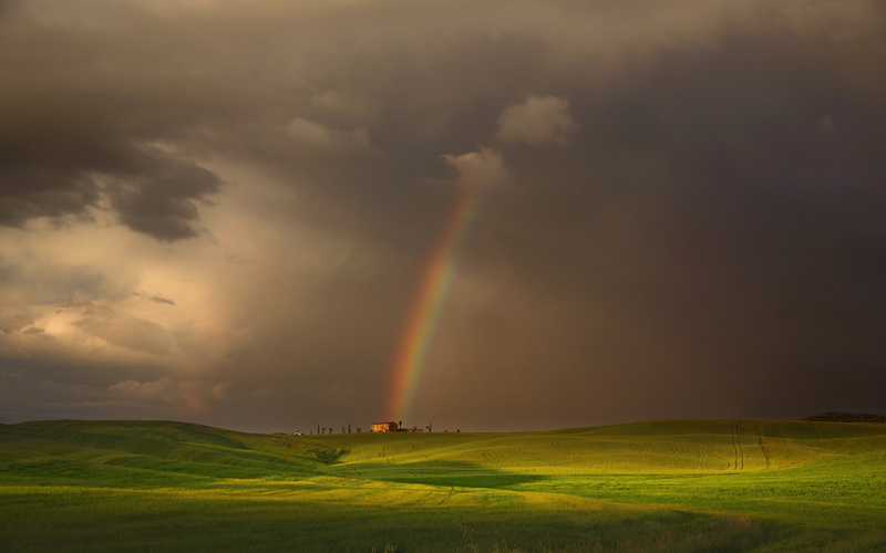 clouds, 1080P, house, green, landscape, field, hill, rainbows, nature, grass