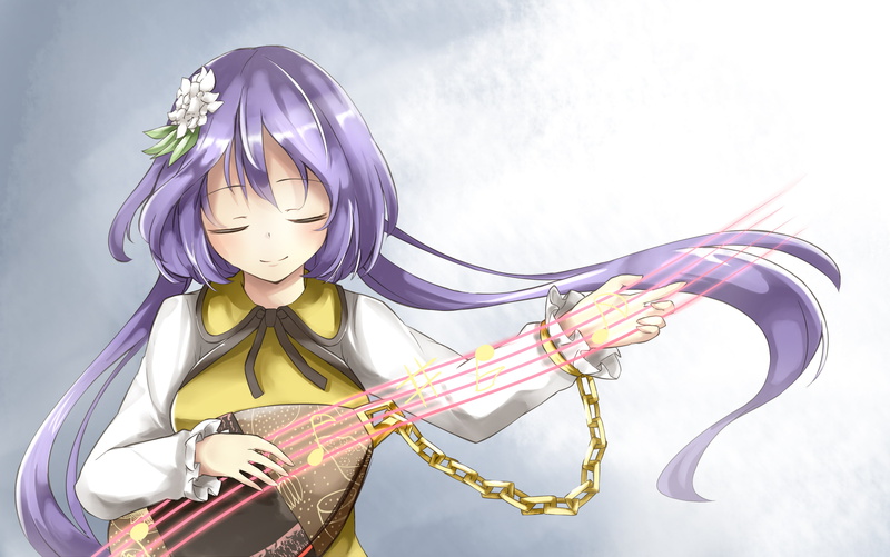 hair, datam, purple, touhou, benben, flowers, tsukumo, twintails, instrument, tam, 2K, dress, long