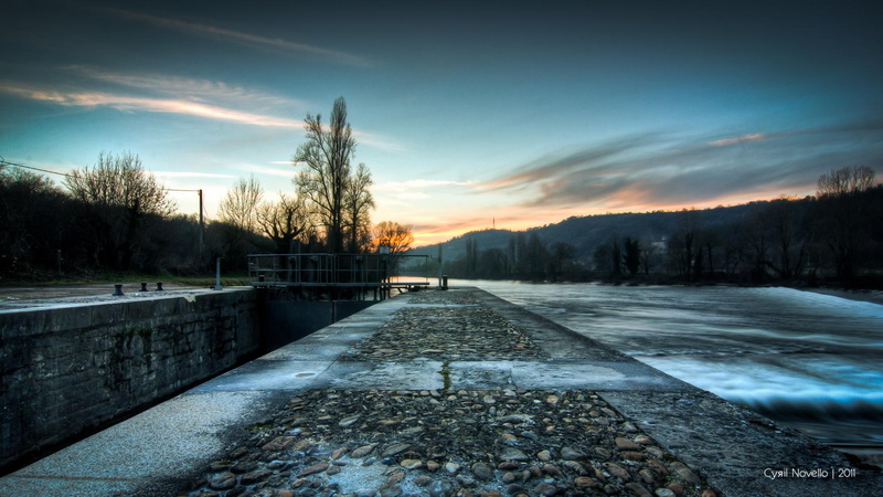 stone, 1080P, sundown, canal, nature and landscapes, pier, rapid, river