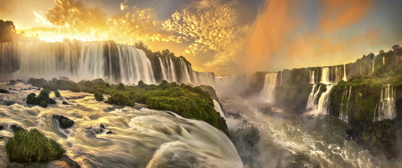 Glow, outdoors, Brazil, nature, Waterfalls, motion, beauty in nature, Iguazu Falls, tourism, travel destinations, travel, Sunset, water, stream - flowing water