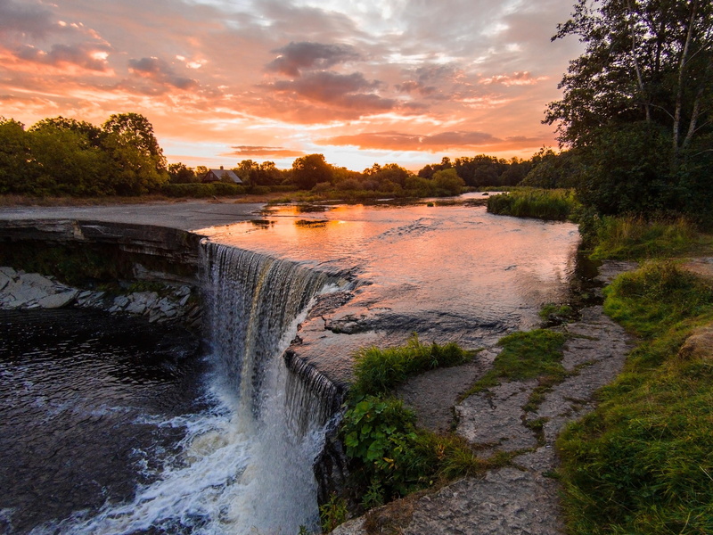 brazil, sky, tranquil scene, sunset, falls, beauty in nature, scenics - nature, non-urban scene, flowing, water, tree, forest, iguazu, plant, tranquility