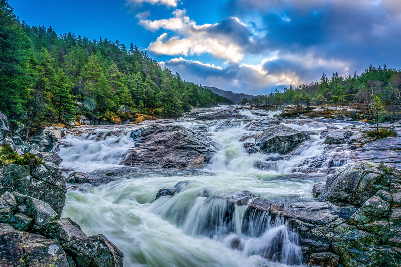 blurred motion, solid, blue, sky, stones, scenics, scenics - nature, rocks, green Color, night, green, waterfalls, trees, travel, rock - Object, leaf, tree