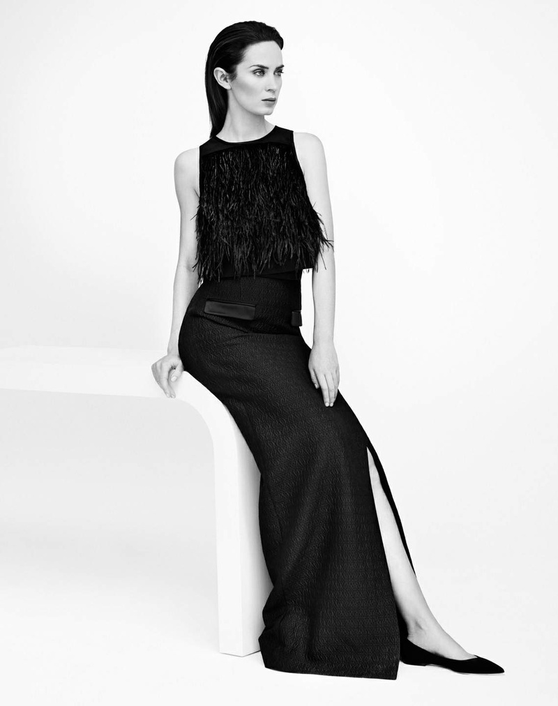 women, celebrity, monochrome, black dress, sitting, simple background, 720P, Emily Blunt, actress, brunette