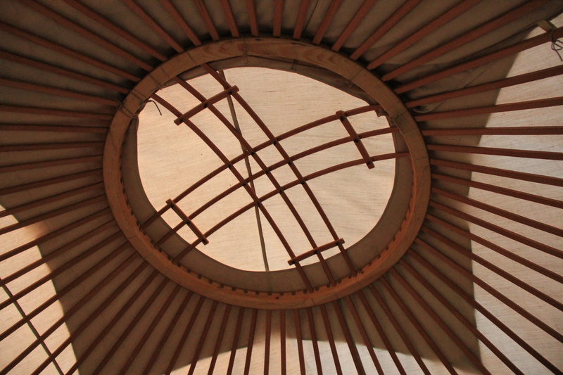 ceiling, low angle view, day, directly below, Mood, sunlight, spiral, Yurt, nature, architecture, indoors, shape, steps and staircases, 5K, built structure