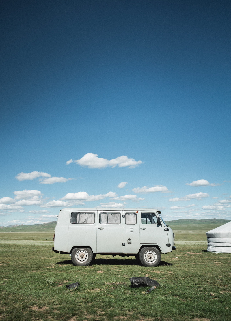 stationary, copy space, bus, transportation, van, car, uaz, grass, гурванбулаг, environment, blue, land vehicle, motor vehicle, sky, nature, cloud - sky