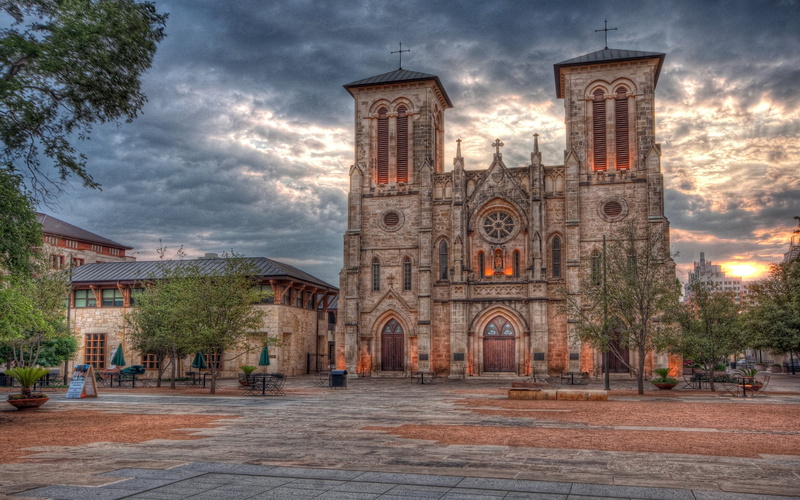 HDR, Cathedral of San Fernando, place of worship, spirituality, built structure, 2K, history, facade, sunset, nature, city, cityscape, San Antonio, church