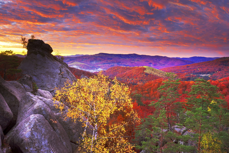 autumn, 4K, stones, Carpathians, clouds, trees, mountains, forest, dawn, Transcarpathia, rocks, Ukraine, the sky