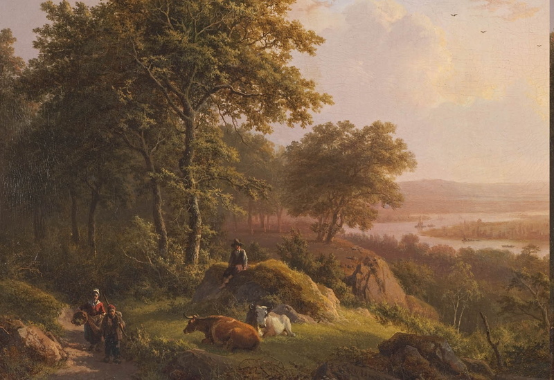 painting peasants landscape classic art cows rock trees river animals oil painting, 720P