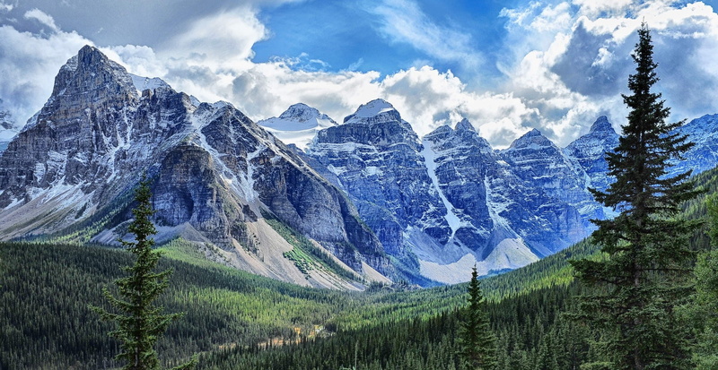 snow, clouds, formation, environment, idyllic, forest, landscape, coniferous tree, land, day, spring, 1080P, mountains, mountain range, pine tree, nature