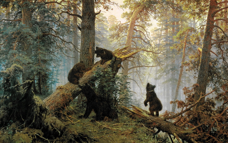 bears, cubs, forest, hd, trees, painting, 2K, digital/artwork