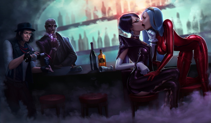 cherry, Rodin, Umbra Witches, Luka, bayonetta, kiss, Luka Redgrave, girls, Jeanne, bar, 1080P