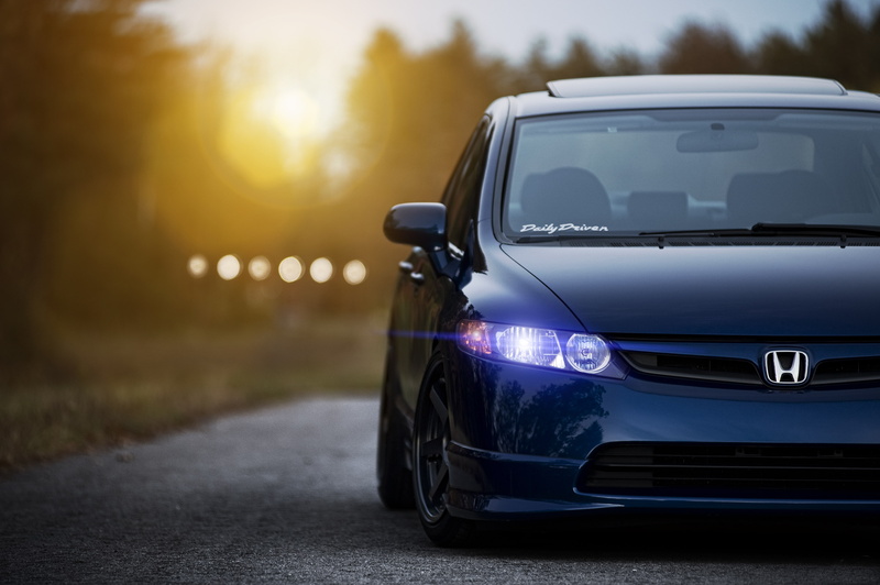 Sedan, Civic, blue, Honda, Blik, the sun, front, 4K, sunset