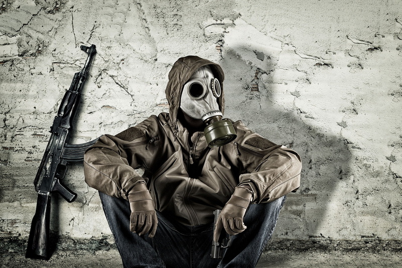 Kalash, male, wall, clothing, gun, 1080P, sitting, gas mask