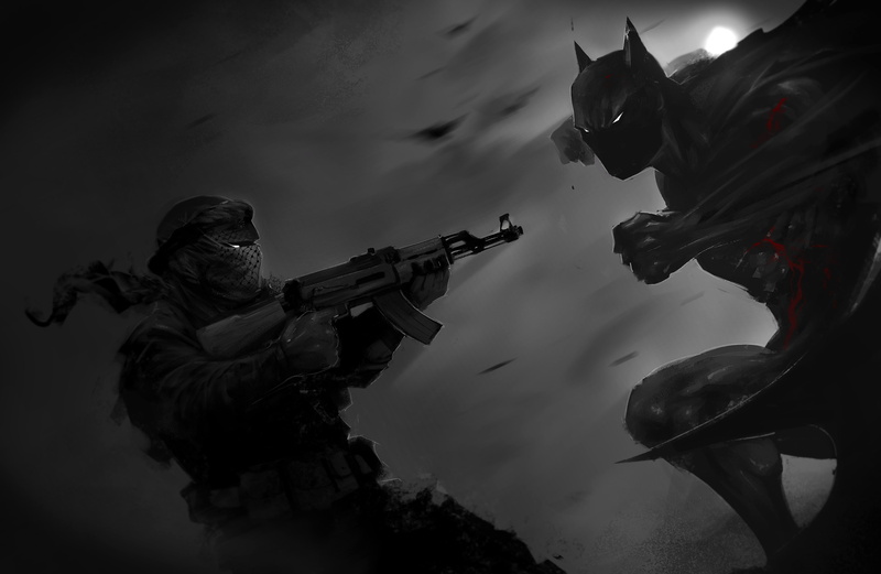 livestock, dc, Kalash, domestic animals, domestic, armed forces, hero, rifle, holding, weapon, criminal, mammal, military, low angle view, Dark Knight