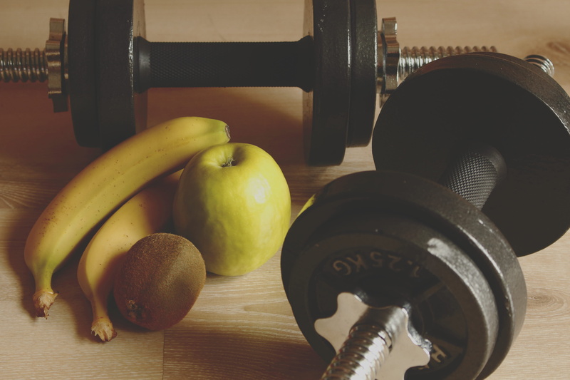 physical exercise, sports equipment, healthy eating, exercise equipment, food and drink, healthy lifestyle, banana, gym, weight, food, dumbbell, barbells