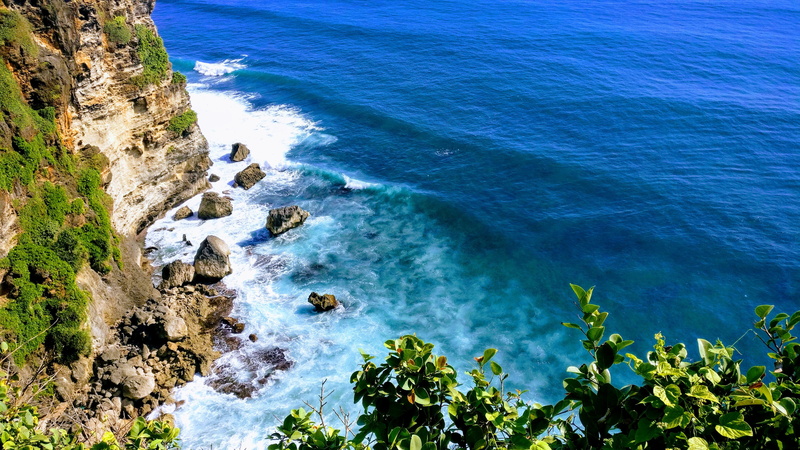 blue, beach, non-urban scene, waves, solid, high angle view, water, motion, rock, tranquility, uluwatu temple, no people, indonesia, ocean, turquoise colored