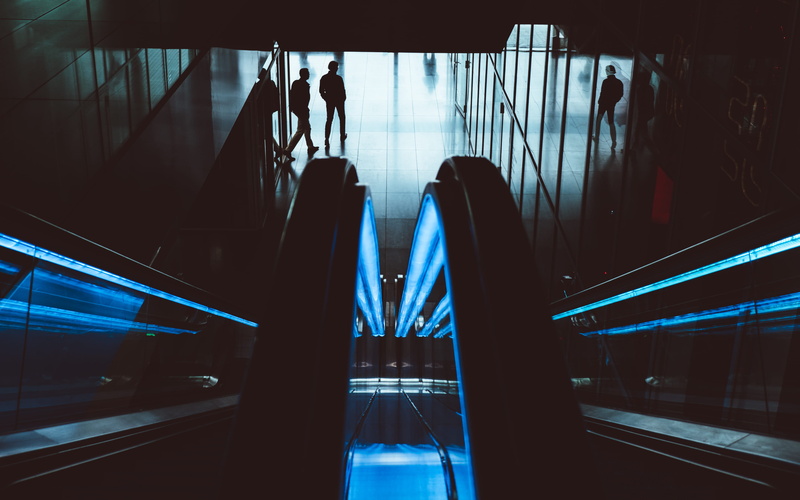 neon, evening, city, apple, transportation, travel, indoors, window, escalator, shopping centre, mall, marckleen, public transportation, dark, illuminated