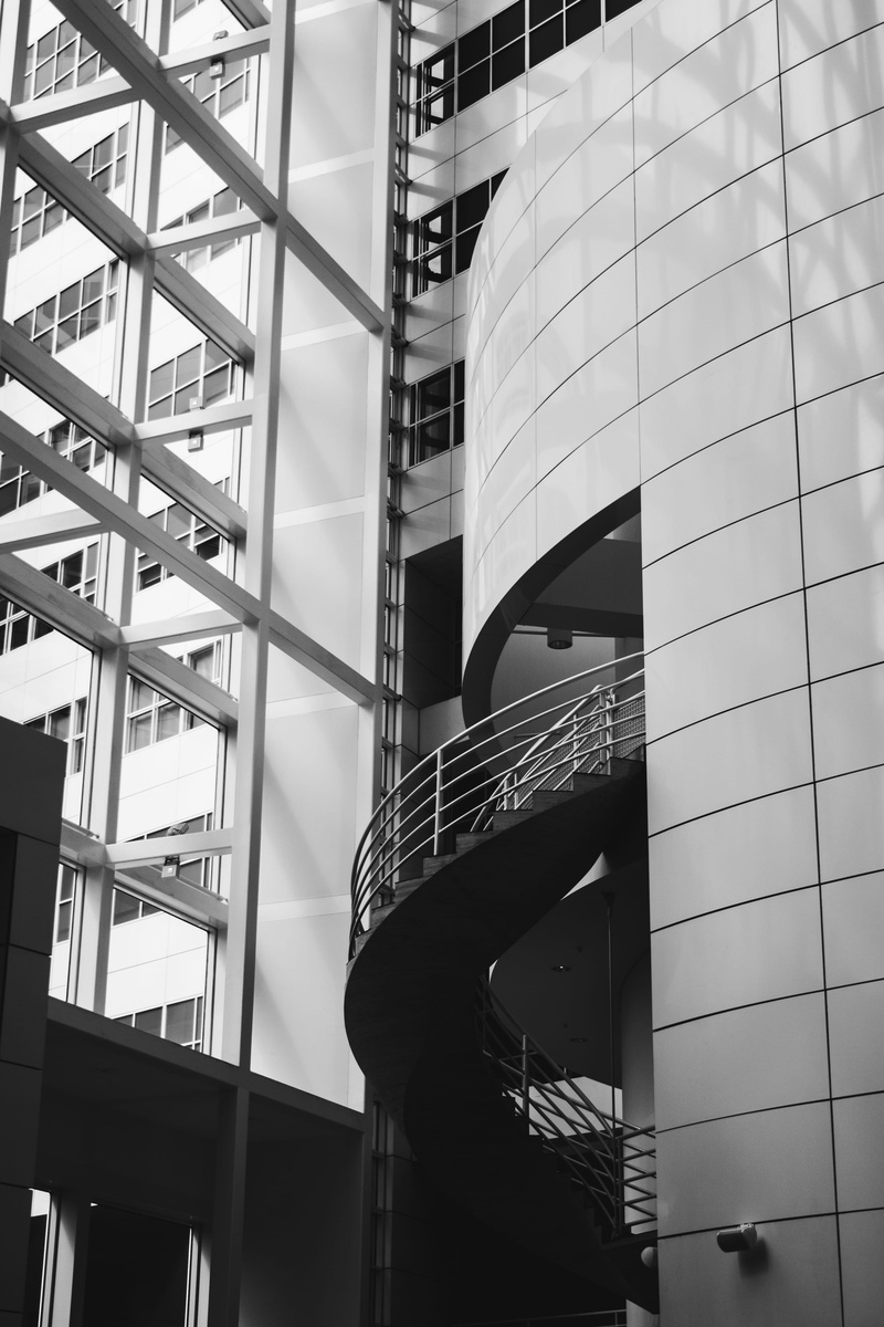 gray, jorikkleen, office building exterior, day, black and white, apple, stair, unsplash, indoors, architecture, sky, city, interior, reflection, skyscraper