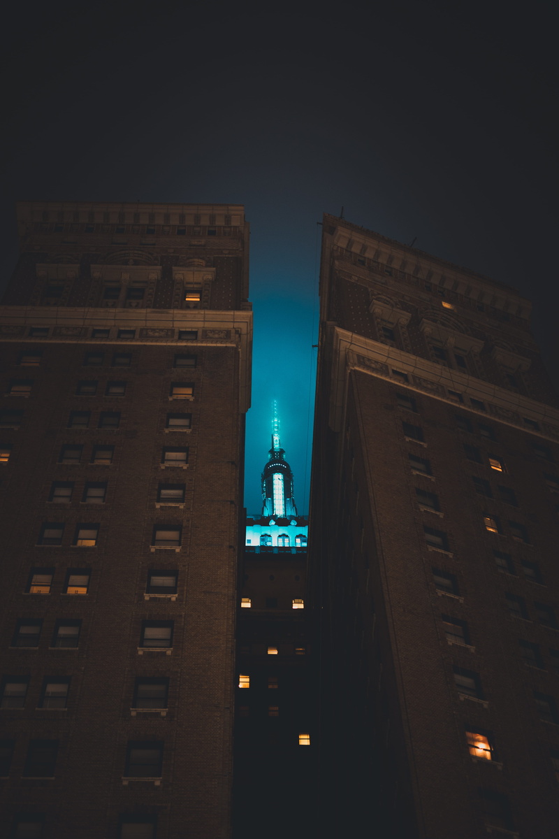 colors, steeple, buildings, low angle view, clouds, tall - high, night, metropolis, no people, 5K, architecture, clear sky, lighting equipment, empire state building