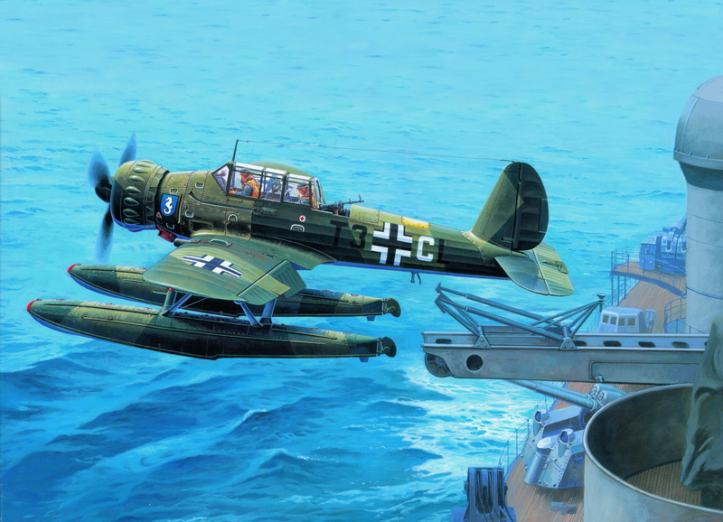 nautical vessel, mode of transportation, propeller, transportation, navy, seaplane-scout, swimming pool, air vehicle, military, catapult, travel, Arado Ar 196