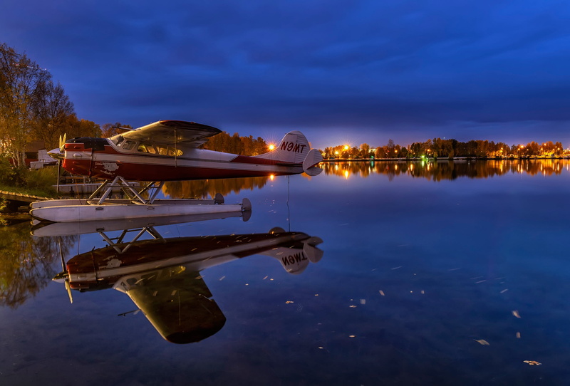 Anchorage, Lake Spenard, USA, water, the evening, pier, trees, seaplane, Alaska, lights, the sky, reflection, 2K, lake