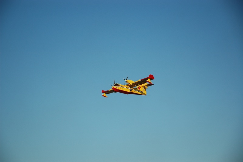 seaplane, clear sky, yellow, airplane, motion, day, flying, outdoors, mid-air, plane, sky, blue, airshow, mode of transportation, nature, on the move, no people