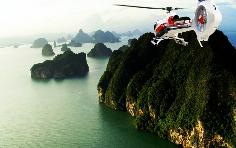 waterfront, sea, land, aircraft, nature, sky, beauty in nature, 1080P, white, helicopter, transportation, red, mode of transportation, no people