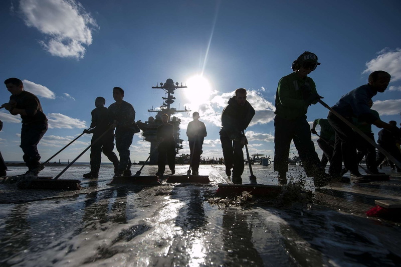 activity, flight deck, sunlight, water, real people, worke, crowd, wash down, day, america, 1080P, teamwork, unit, sailors, nautical, team, military, leisure activity