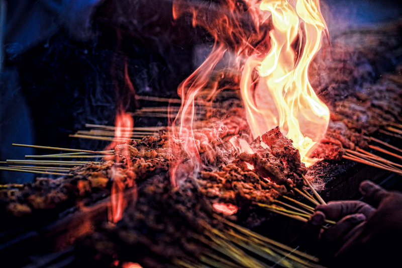 skewered, bonfire, grilled, scene, fire, hand, preparing food, fire - natural phenomenon, smoke - physical structure, meat, grill, focus, bbq, food and drink