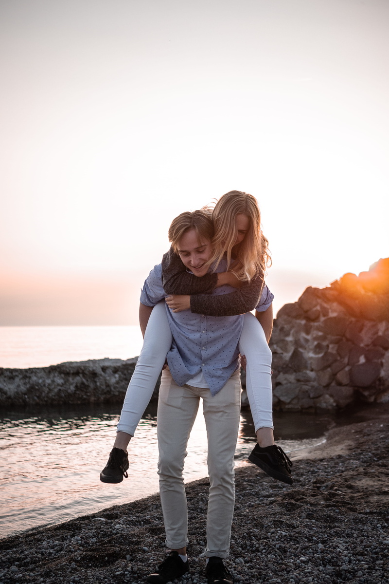hairstyle, land, love, sunset, leisure activity, romance, outdoors, casual clothing, 4K, back, guy, beauty in nature, real people, engagement, water, standing