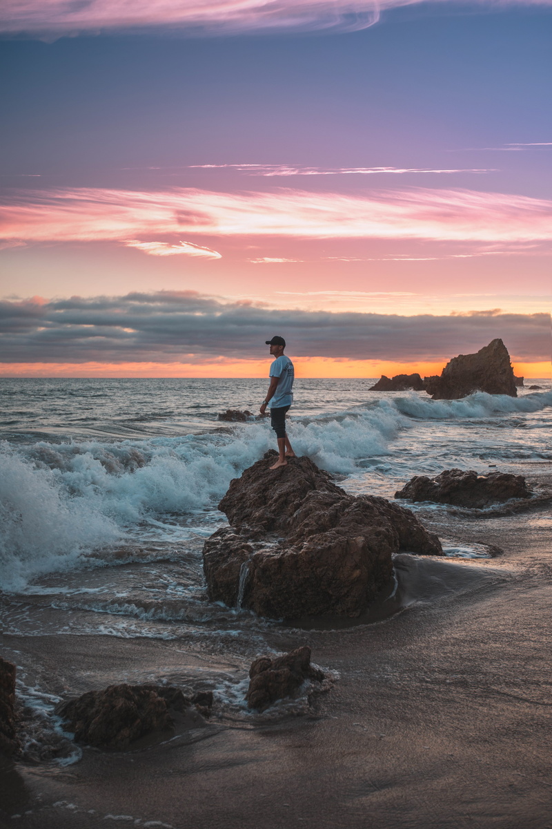 waves, formation, daytime, real people, crashing wave, seashore, lifestyles, watching, cloud - sky, horizon, beach, man, rock, outdoors, coast, water, one person