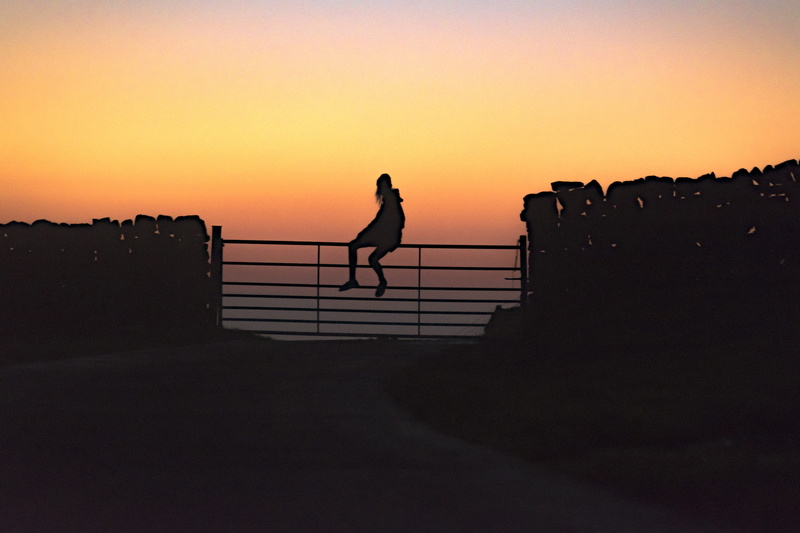nature, walking, lifestyles, 5K, women, architecture, tranquil scene, railing, sunlight, outdoors, animal, woman, red sky, sunset, watching, gradient