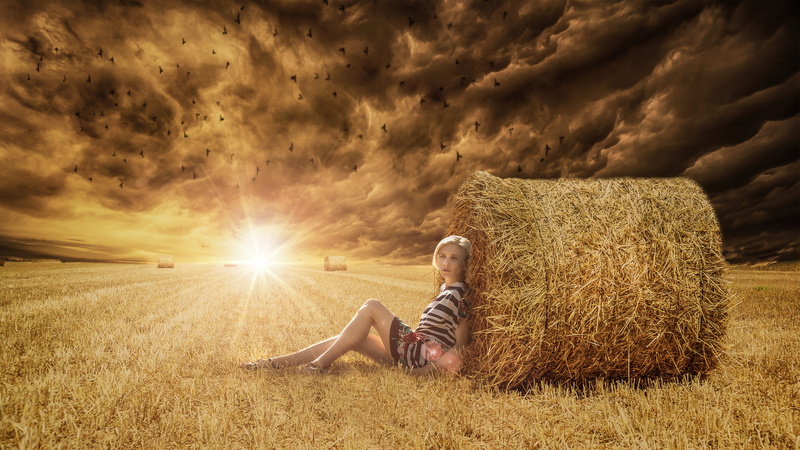 sitting, bales, adult, serenity, land, grass, looking, outdoors, lying down, hay, sun, 4K, one person, scenery, gazing, sunset, mood, lens flare, agriculture