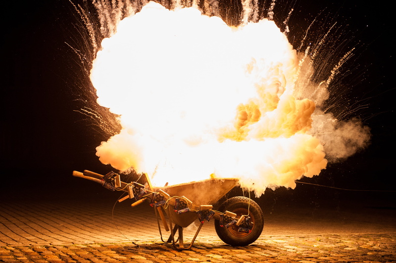 flame, fireworks, warning sign, risk, horse, nighttime, outdoors, heat - temperature, motion, one animal, light, wheelbarrow, sign, burning, hell, brown