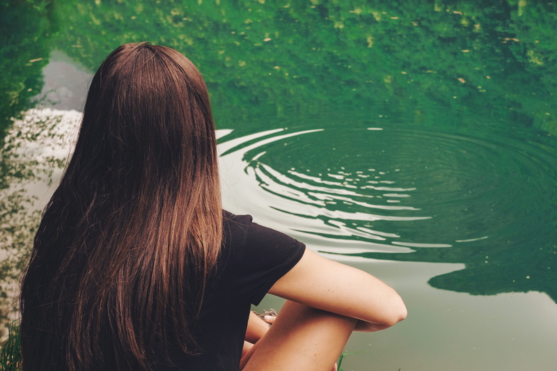 beauty, rock, girl, sitting, brown hair, water, hair, lifestyles, sky, caucasian, real people, lady, 4K, hairstyle, outdoors, rear view, green, lake, tree