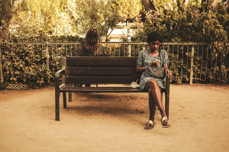 street, fujifilm, musical equipment, full length, lady, tree, smoke, front view, travel, plant, two people, nature, bench, smartphone, xt10, streetphotography