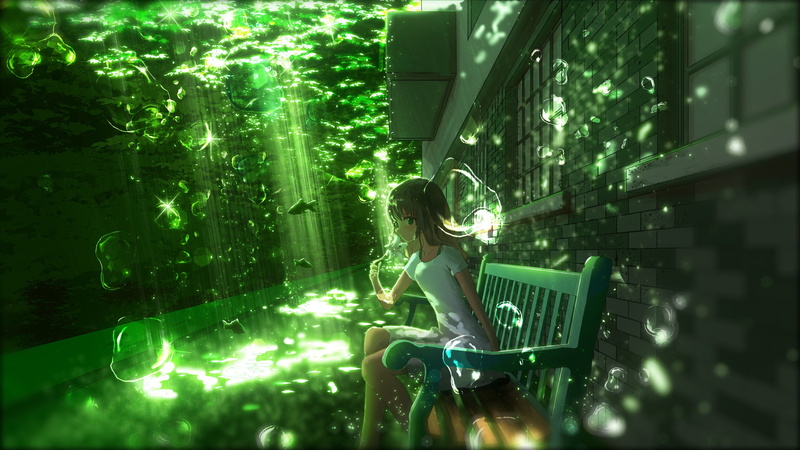 Underwater, Bubble, Girl, White Dress, Sunbeam, Anime, 2K