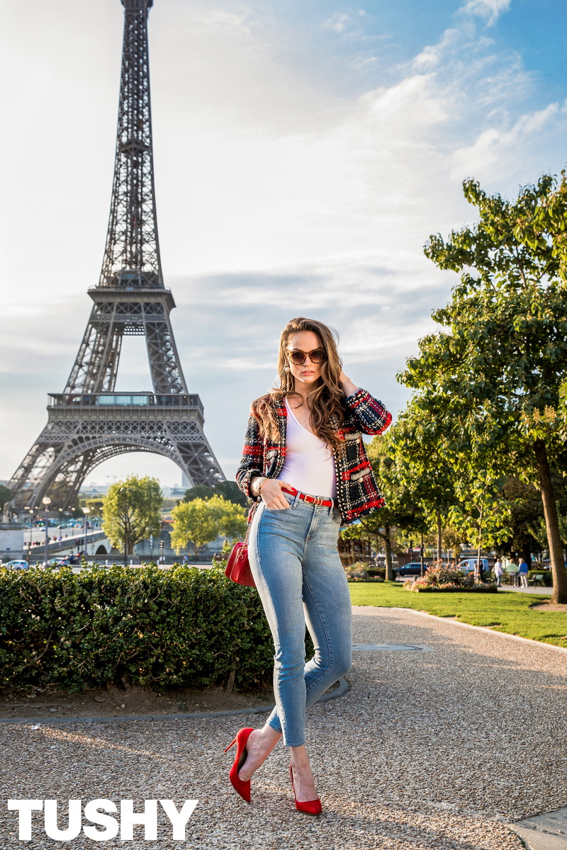 model, Tori Black, looking at viewer, outdoors, women, tower, 2K, young adult, casual clothing, actress, travel destinations, adult, architecture, built structure