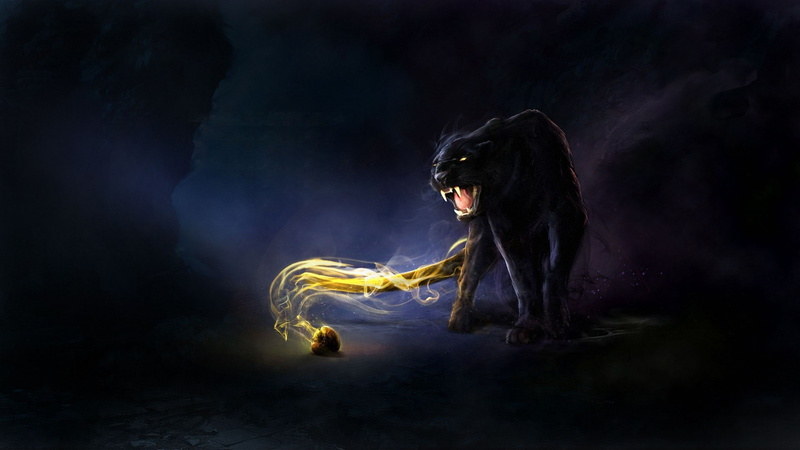 pumas, Black Panther, nature, fantasy art, cat, dark, black, animals, teeth, artwork, 1080P
