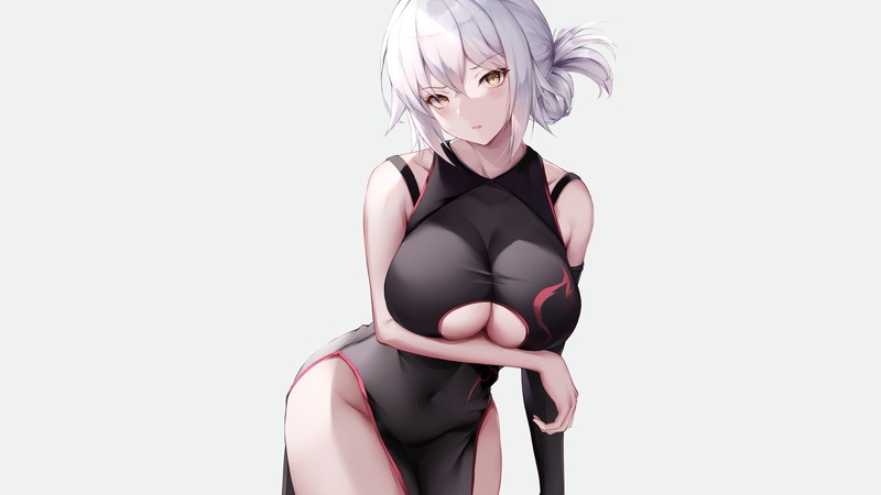 cleavage cutout, women, simple background, 5K, digital art, Kisaki Oni, Fate/Grand Order, anime girls, Chinese dress, nopan, white hair, underboob, anime