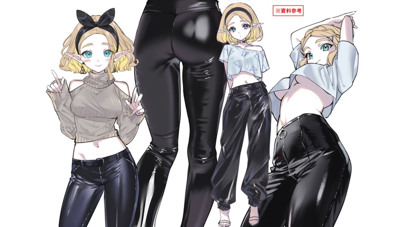 Zelda, Shuri (Chima Tsuitta), thighs, simple background, pointed ears, ass, The Legend of Zelda: Breath of the Wild, no bra, underboob, anime girls, belly