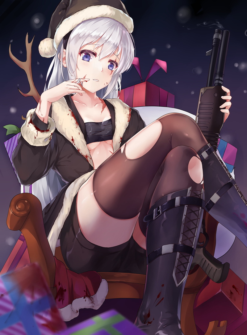 2K, portrait, young adult, one person, blood, creativity, indoors, cleavage, costume, holding, adult, young women, Christmas, thigh-highs, lingerie, underwear