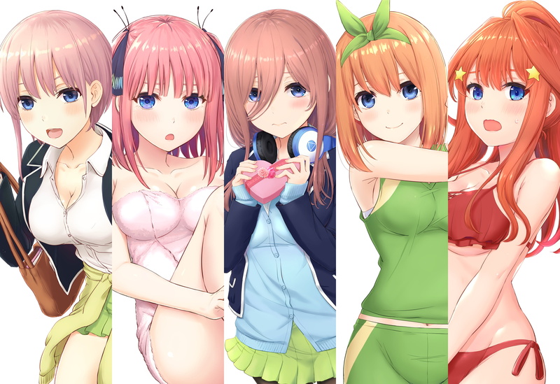 Nakano Itsuki, long hair, 4K, pink hair, pantyhose, towel, underboob, Nakano Nino, Nakano Miku, headphones, redhead, bikini, short hair, headband, blue eyes